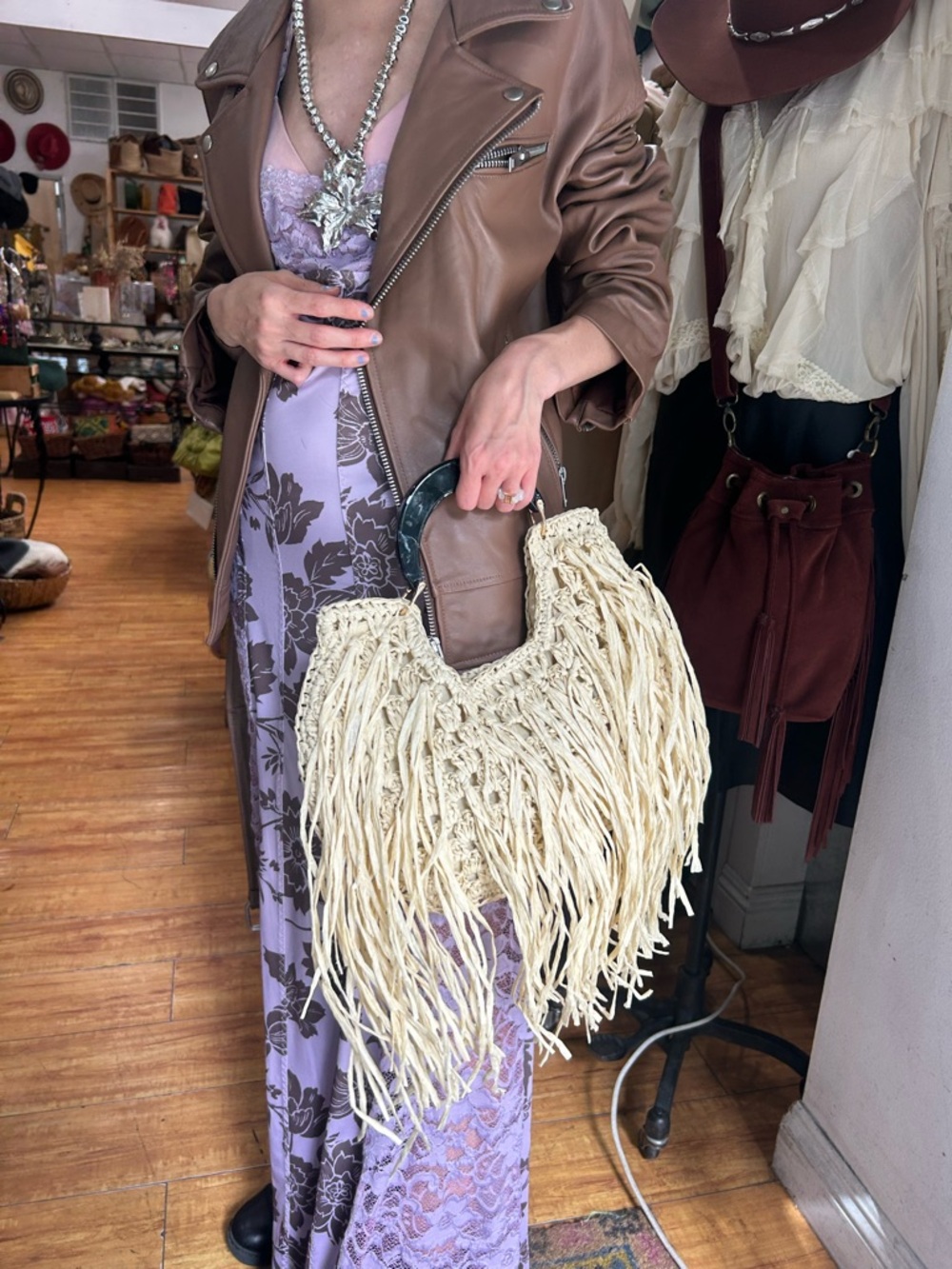 Fringed Macramé Tote Bag in Cream with Dark handles.